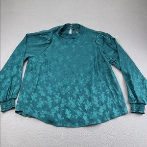Disney Blueish Green Satin Like Mickey Mouse Jacquard Blouse Puff Sleeve Size 0